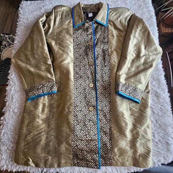 Koos 100% Silk Jacket Size 3X Gold Turquoise 3/4 Sleeve 80s 90s Funky Art Granny - Picture 2 of 15